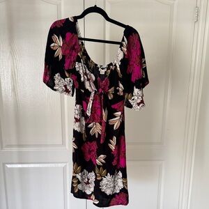 Billabong Black Mini Dress with Fuchsia and Cream Floral Print